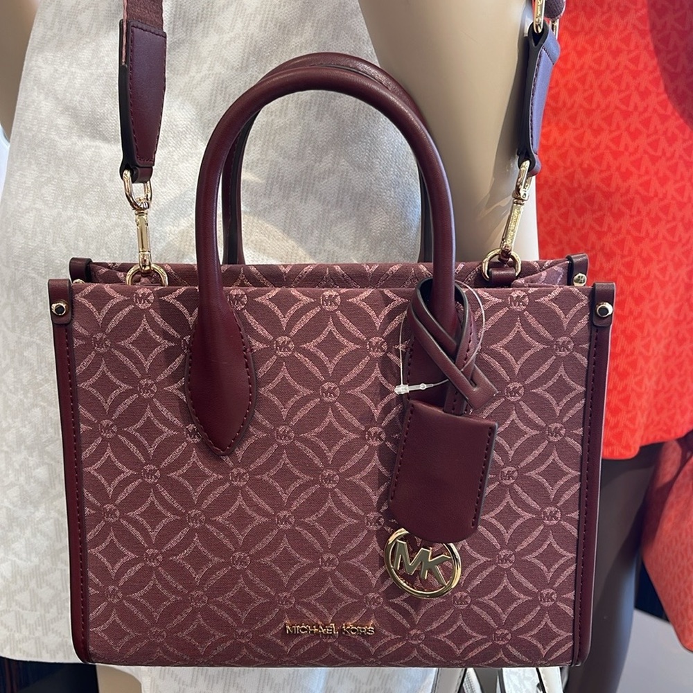 Michael Kors Mirella Small Metallic Logo Jacquard Crossbody Bag Oxblood Multi - Picture 9 of 16